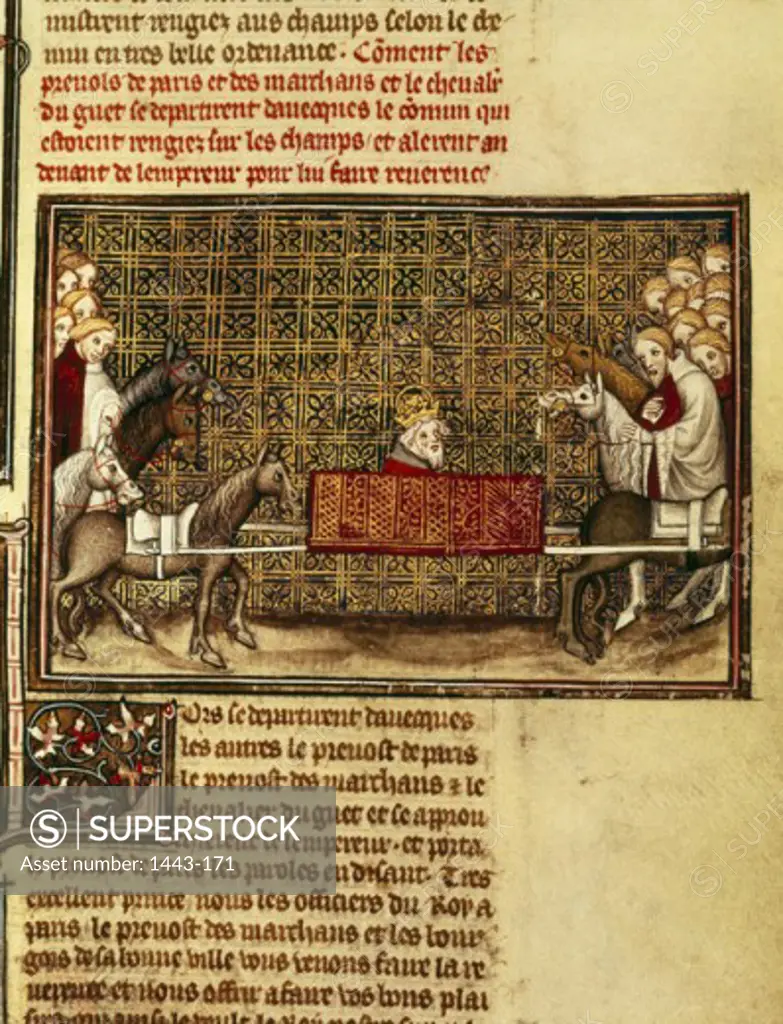 Welcoming of Charles IV by the Warden of the Merchants & the Mayor of Paris  Artist Unknown Illuminated manuscript Bibliotheque Nationale, Paris, France