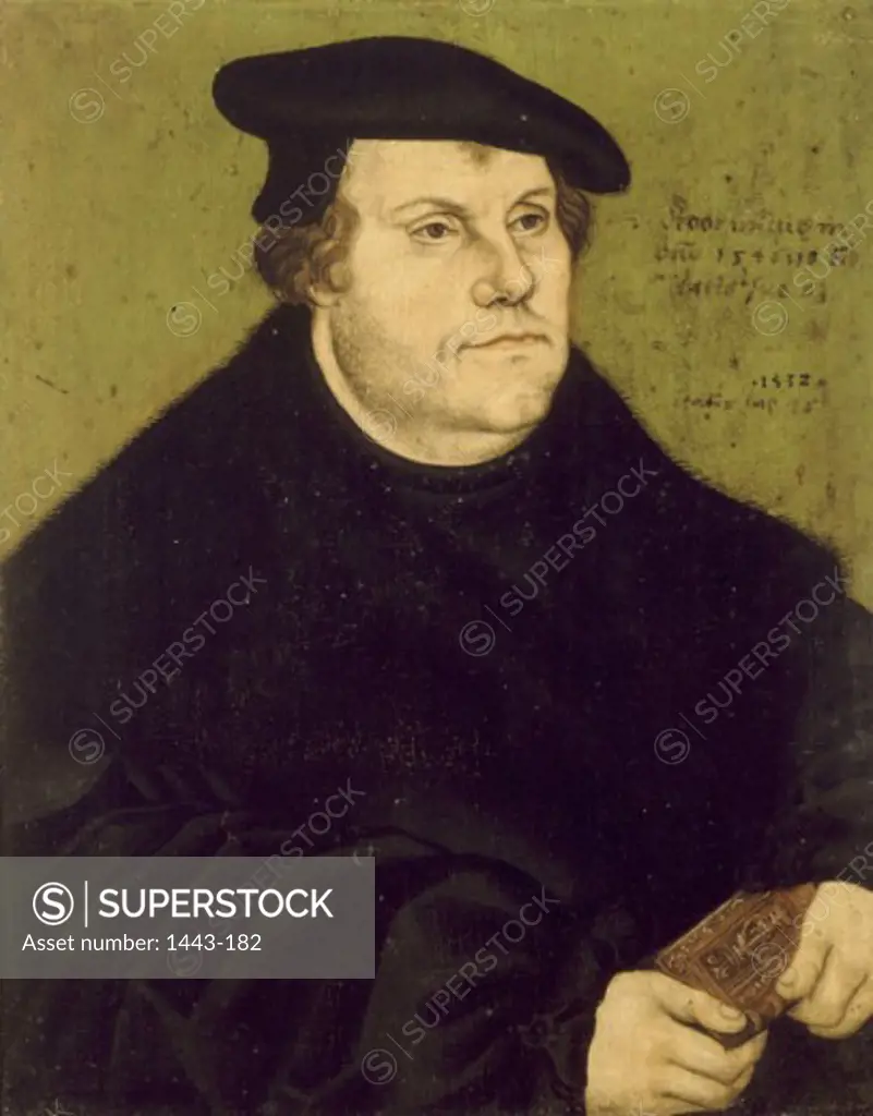 Portrait of Martin Luther as Reformer ca. 1532 Lucas Cranach the Elder  (1472-1553 German) Oil on wood Gemaldegalerie, Dresden, Germany
