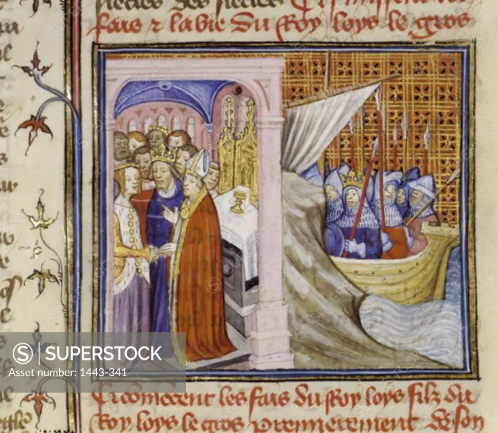 Wedding of Louis VII to Eleanor of Aquitaine & Departure of the First Crusade in 1147 Illuminated manuscript Artist Unknown