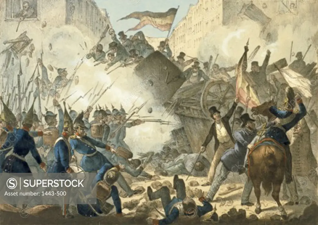 The People of Berlin's Glorious Barricade Battle Against the Military 1848 Artist Unknown Chalk lithograph