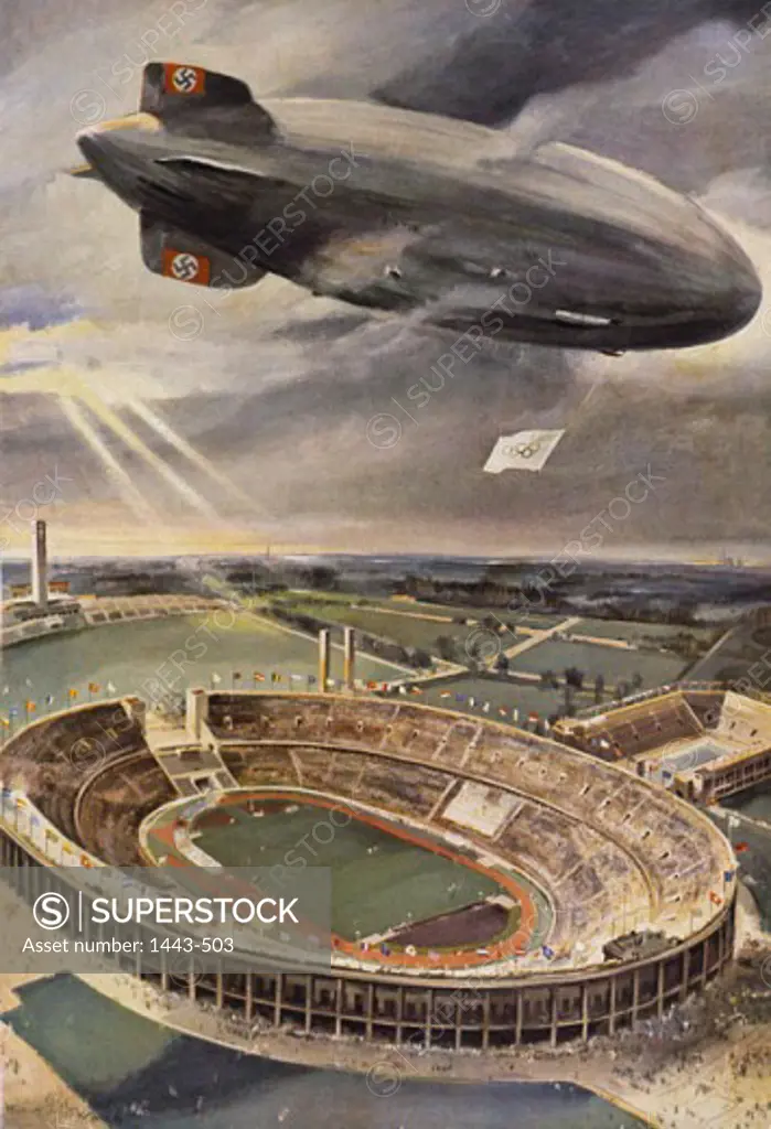 Hindenburg Over XI Olympic Games in Berlin, 1936  Hans Liska  Colored drawing