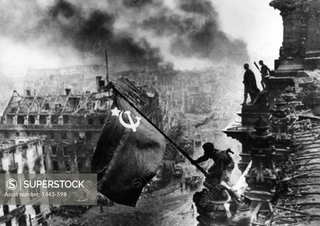 Men on a building with the Soviet Flag, Reichstag, Battle of Berlin, Berlin, Germany, May 1945