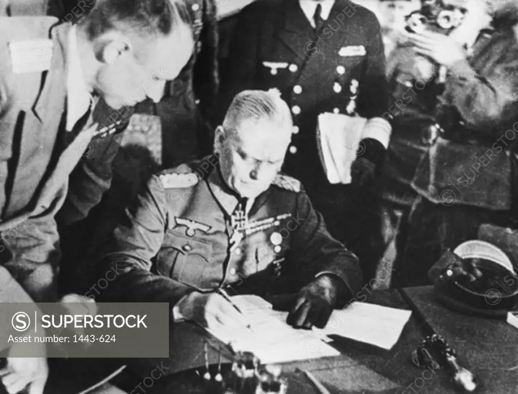 German Field Marshal Wilhelm Keitel signing surrender terms, Berlin, Germany, May 8, 1945
