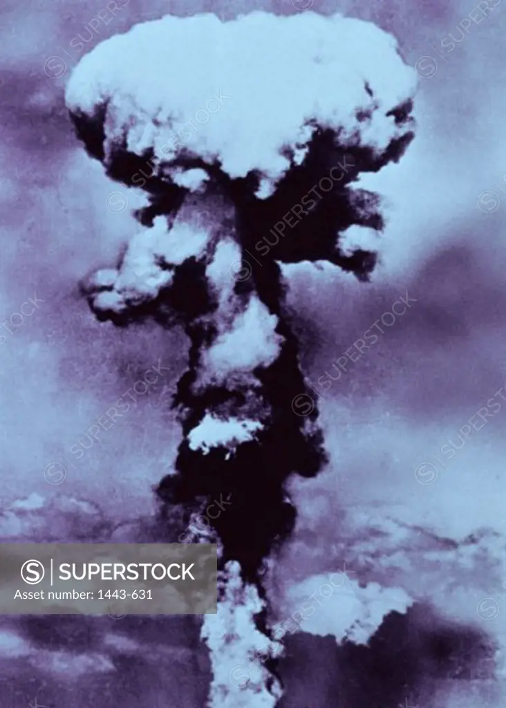Mushroom cloud formed by atomic bomb explosion, Nagasaki, Japan, August 9, 1945