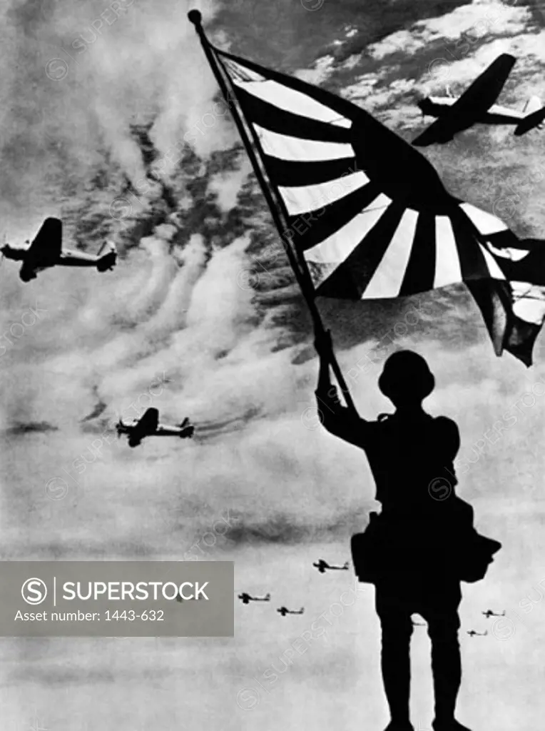 Silhouette of a soldier holding a flag with fighter planes in the background, Japan, c. 1941