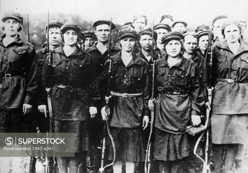 Group of soldiers standing with rifles, Worker's Militia, Russian Civil War, Russia, c. 1919-20