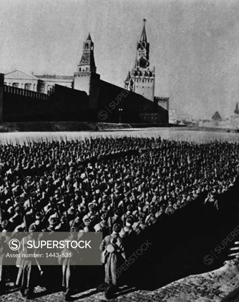 High angle view of a group of soldiers marching, Red Square, Moscow, Russia, November 7, 1941
