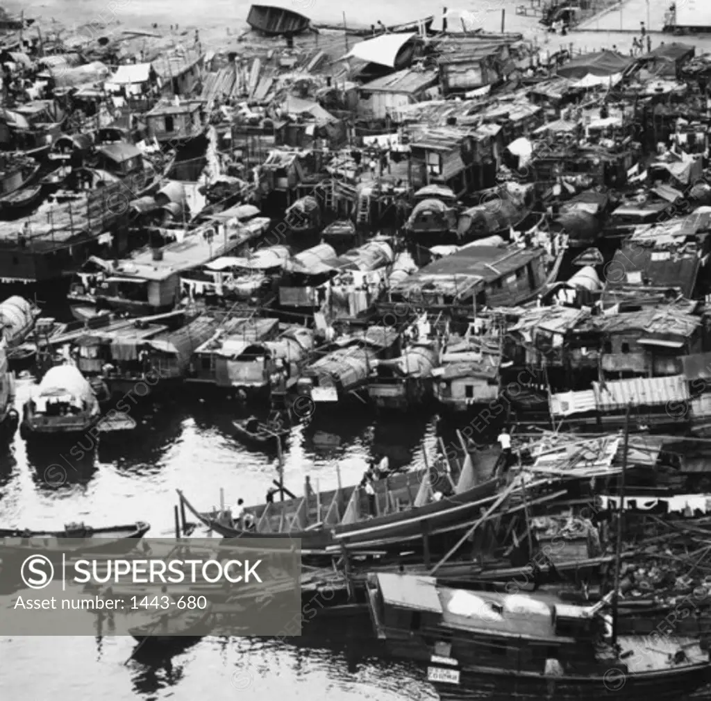 High angle view of fishing boats moored in a harbor, Hong Kong, China