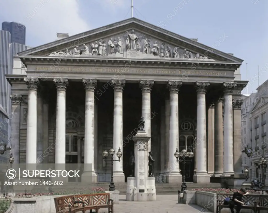 Facade of a financial building, Royal Exchange, London, England