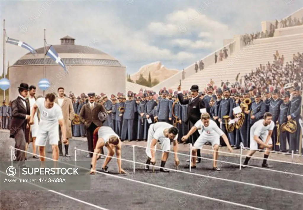 Group of athletes preparing for a 100 meter race, 1896 Olympic Games, Athens, Greece