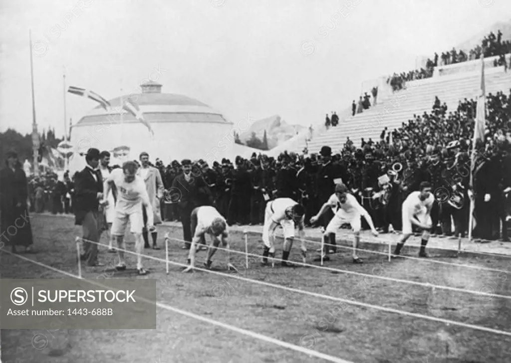 Group of athletes preparing for a 100 meter Race, 1896 Olympic Games, Athens, Greece