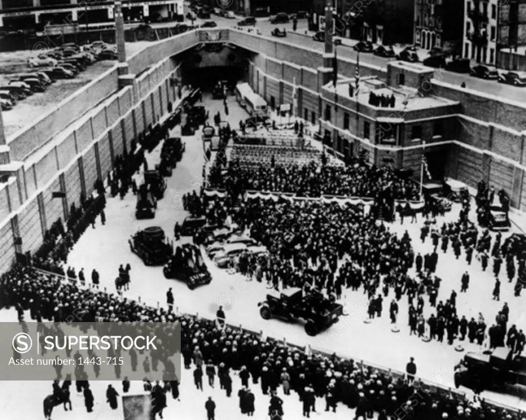 High angle view of crowd near a tunnel, Lincoln Tunnel, New York City, New York, USA, 1935