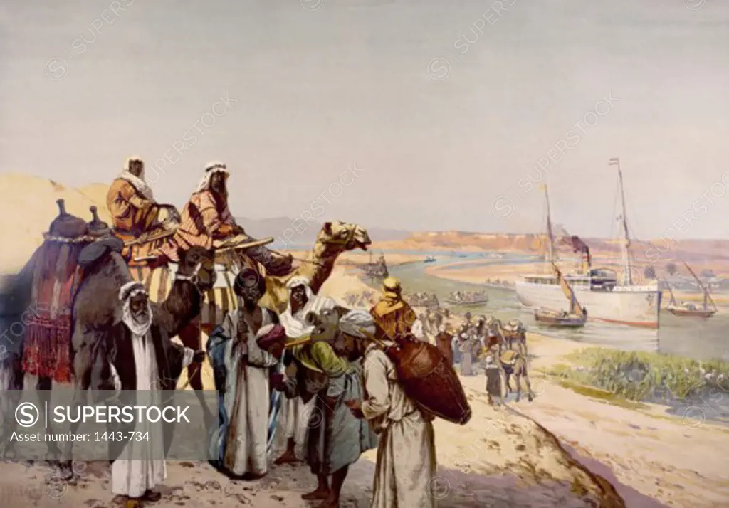 Suez Canal  ca. 1900 Rudolf Hellgrewe (b.1860) Lithograph