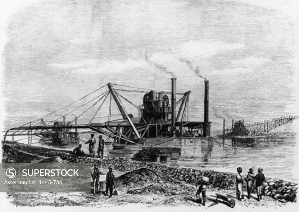 Diggers & Conveyor Belts Used to Deepen the Suez Canal ca. 1870 Artist Unknown Woodcut print