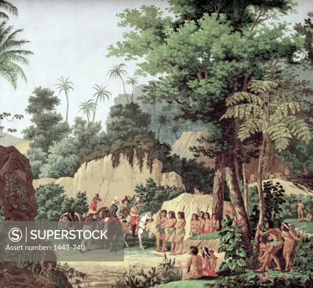 Brazilian Landscape with Scenes from the Lives of Indians 1829 Jean-Jacques Deltil  Colored print Deutsches Tapetenmuseum, Kassel, Germany 