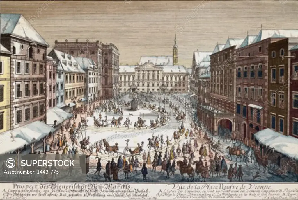 Neumarkt, Vienna--Imperial Sledge Ride & Palais Schwartzenberg 1750 Johann Adam Delsenbach (1687-1765 German) Copper engraving