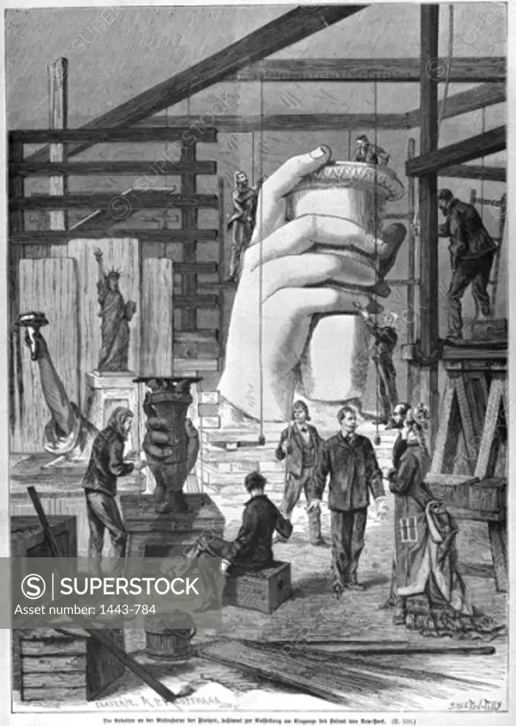 F. A. Bartholdi Working on the Hand of the Statue of Liberty in His Paris Studio 1876 Artist Unknown  Wood engraving