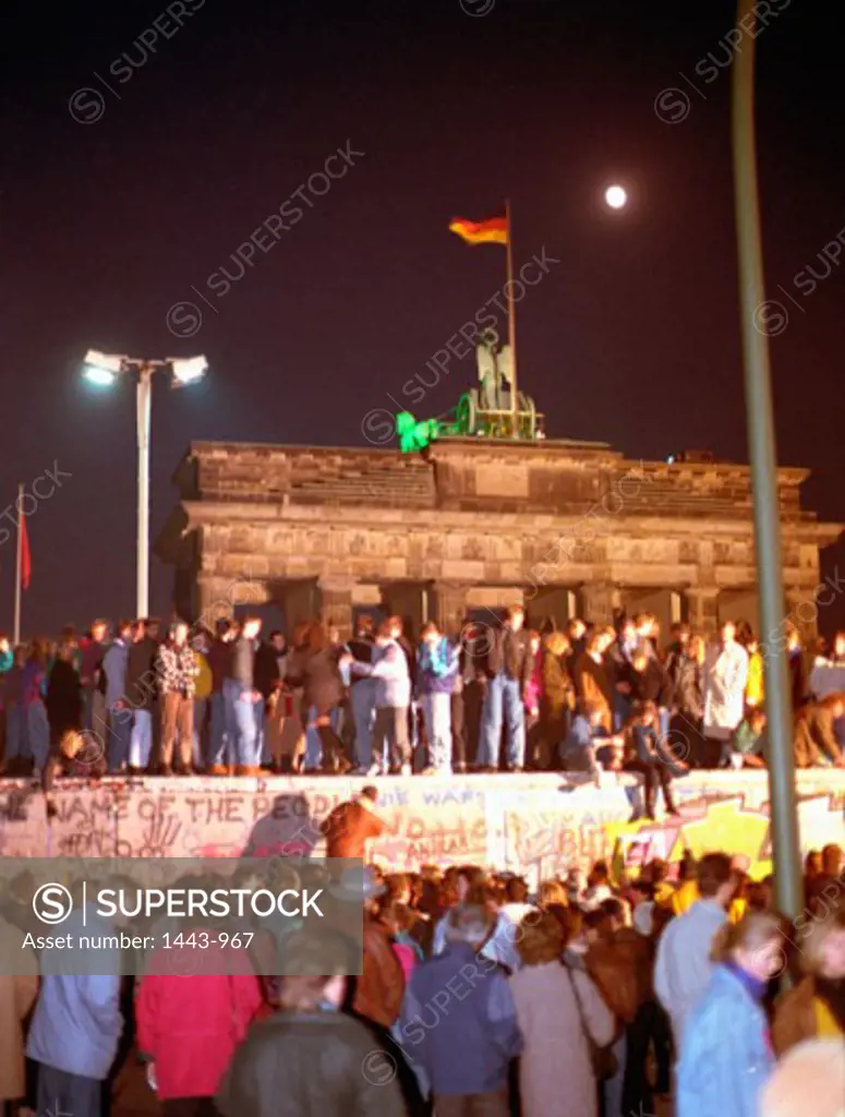 Group of people celebrating a historical event, Fall of the Berlin Wall, Berlin, Germany, November 9, 1989