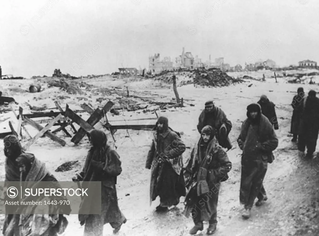 German troops walking along a path to surrender, Stalingrad, Russia, 1943