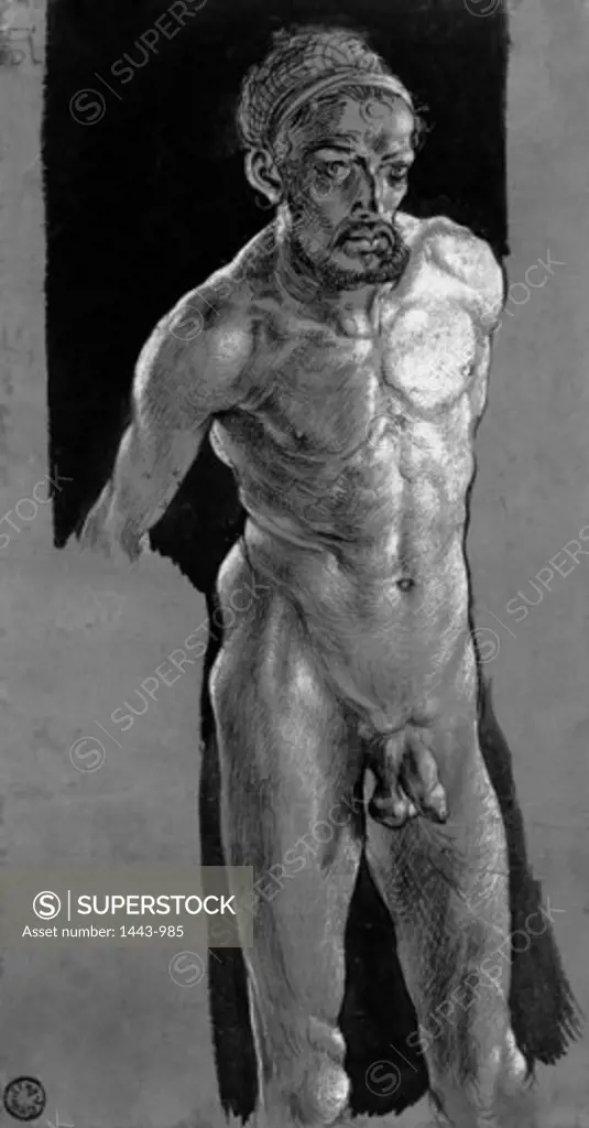 Nude Study (Self Portrait)  1500-1505 Albrecht Durer (1471-1528 German) Pen & ink Kunstgalerie, Schlossmuseum, Weimar, Germany