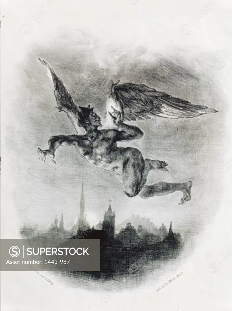 Mephistopheles Flies Over a City (from Goethe's "Faust")  1825-27 Eugene Delacroix (1798-1863 French) Lithograph