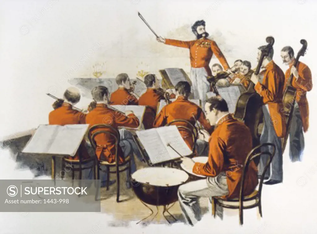 Johann Strauss' Orchestra at a Court Ball  1893 Theo Zasche (1862-1922 German) Woodcut print