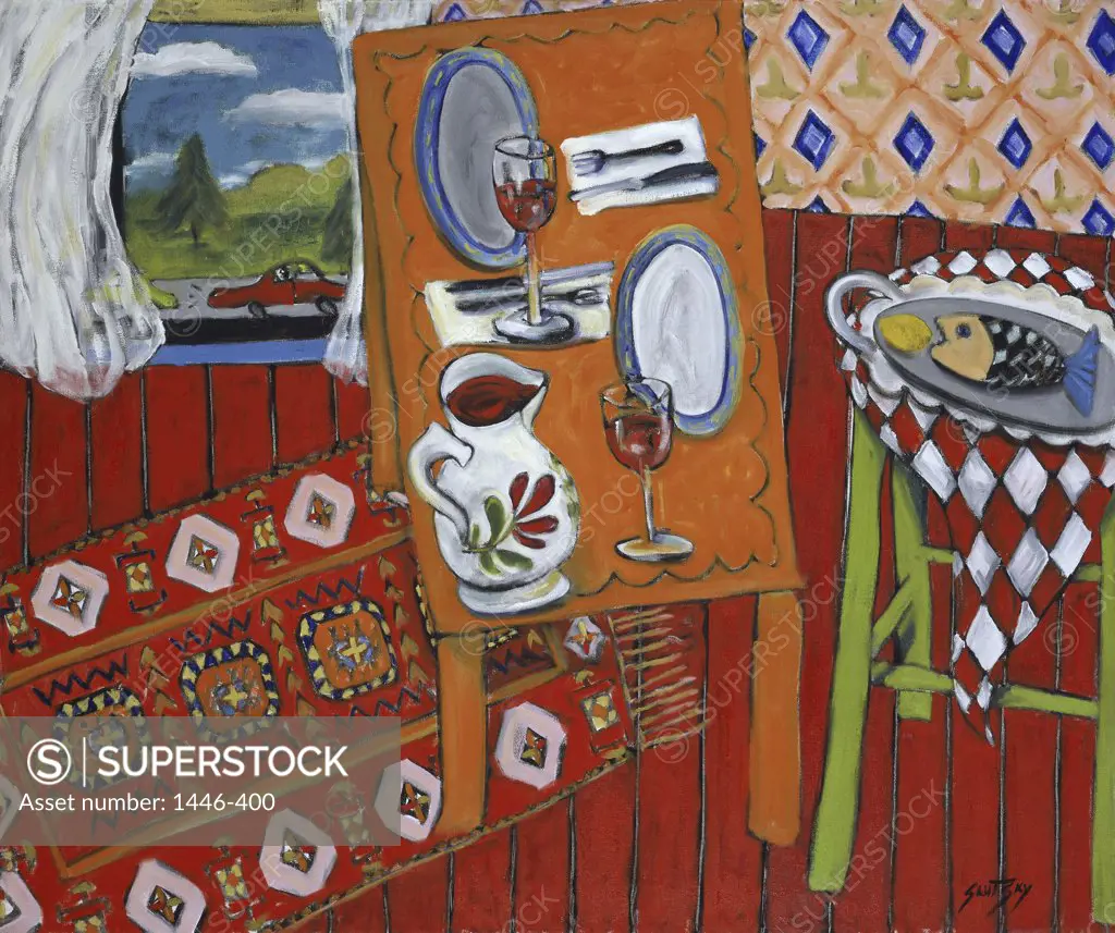 Still Life with Fish, Pitcher of Wine & Cars 1999 Erik Slutsky (20th C. Canadian) Oil on canvas 