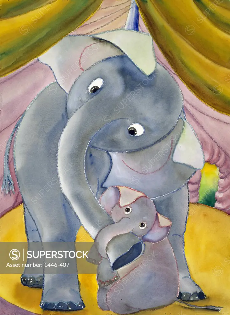 Elephants by Erik Slutsky,  watercolor and gouache,  1985,  20th century