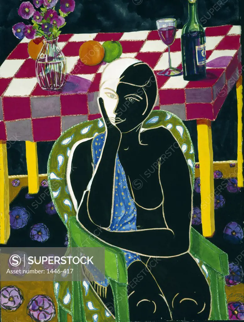Woman in Green Armchair by Erik Slutsky,  watercolor,  gouache and pastel,  1998,  20th century