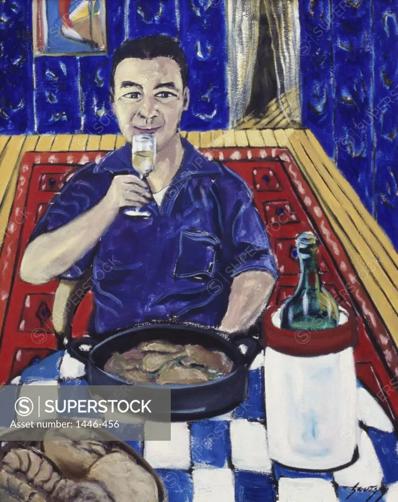 Man with Food & Wine  2002 Erik Slutsky (20th C. Canadian) Oil on canvas
