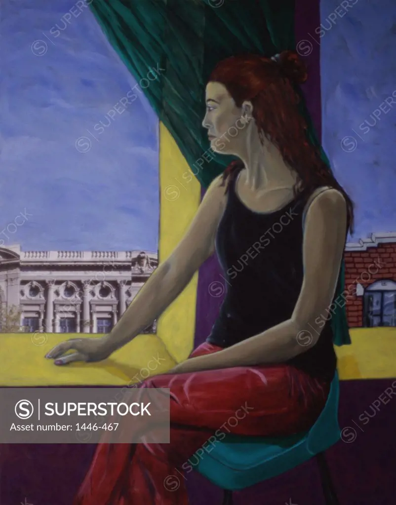 Woman Looking At Rialto Theater 2004 Erik Slutsky (20th C. Canadian) Mixed Media on Canvas Private Collection 