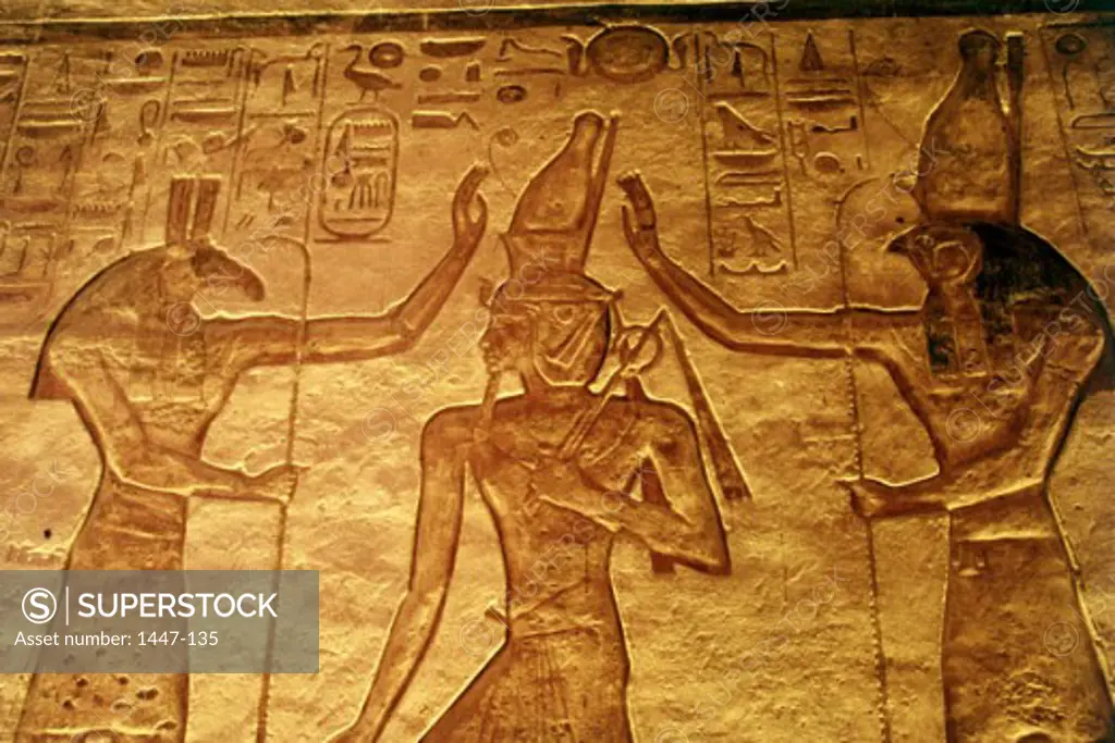 Carvings on a wall, Nefertari's Temple of Hathor, Abu Simbel, Egypt