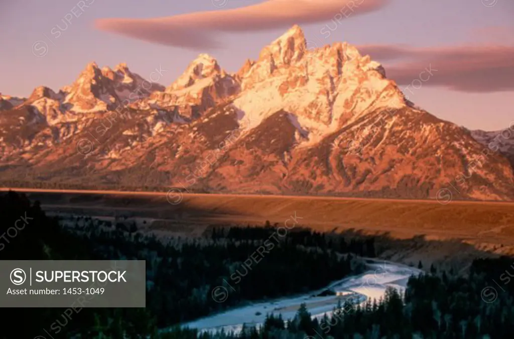 High angle view of a river flowing in front of a mountain, Grand Teton National Park, Wyoming, USA