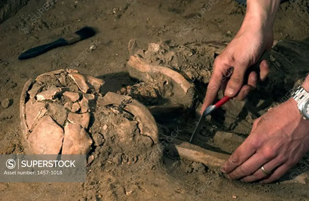 Close-up of a person's hand scraping soil from human remains discovered during an archeological dig