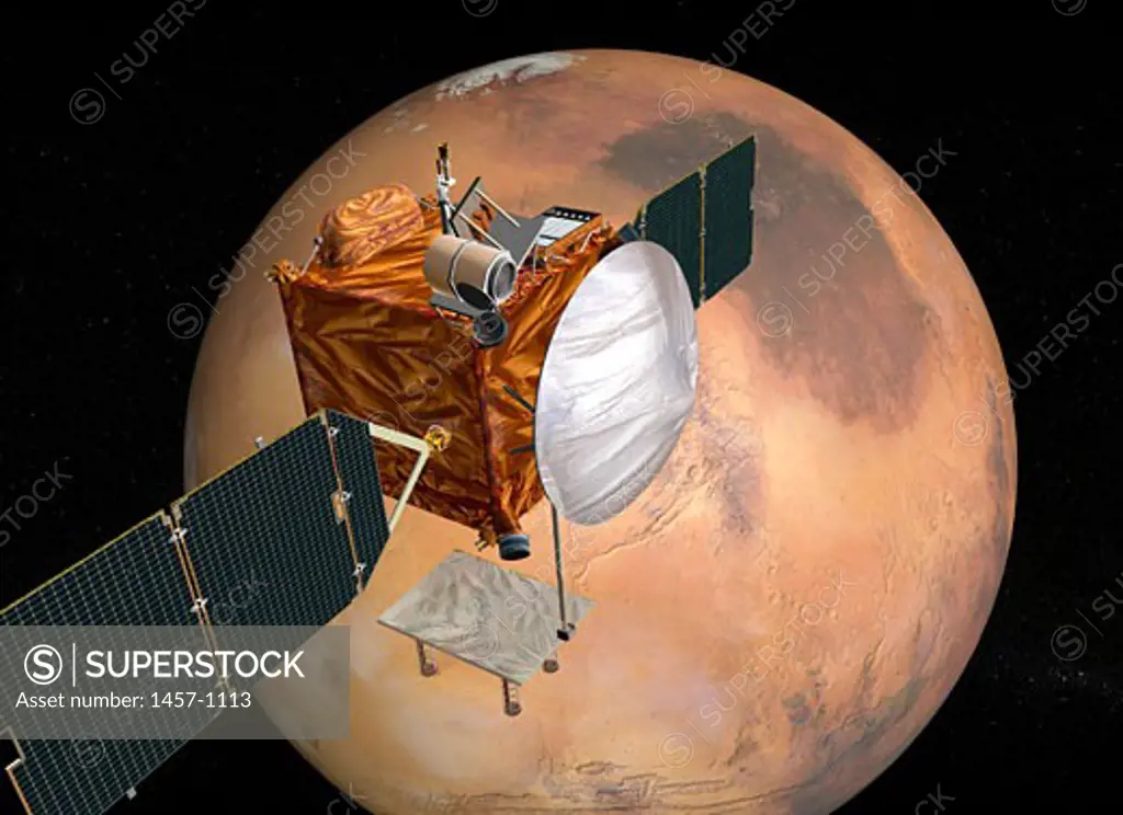 This illustration depicts a concept for NASA's Mars Telecommunications Orbiter in flight around Mars