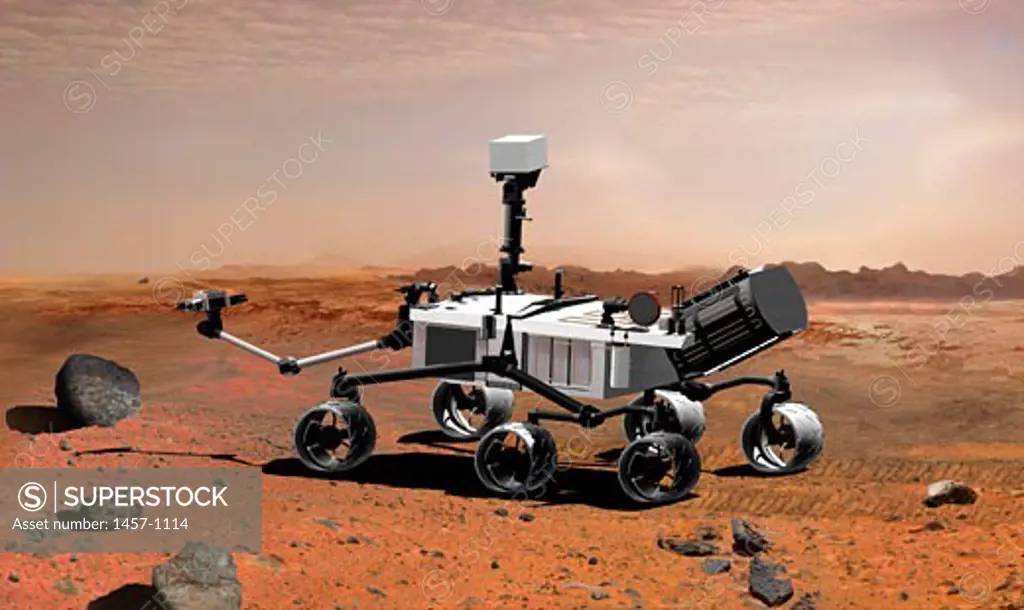 NASA's Mars Science Laboratory, a mobile robot for investigating Mars' past or present ability to sustain microbial life, is in development for a launch opportunity in 2009. This picture is an artist's concept portraying what the advanced rover would look like in Martian terrain, from a side aft ang