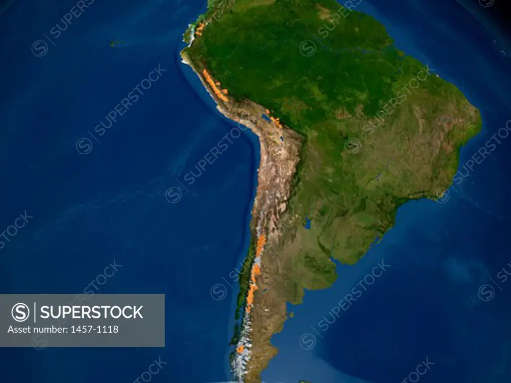 Satellite view of earth shows glaciers from the NSIDC World Glacier Inventory (in orange) that occur in mountainous regions, even in the tropical regions of South America
