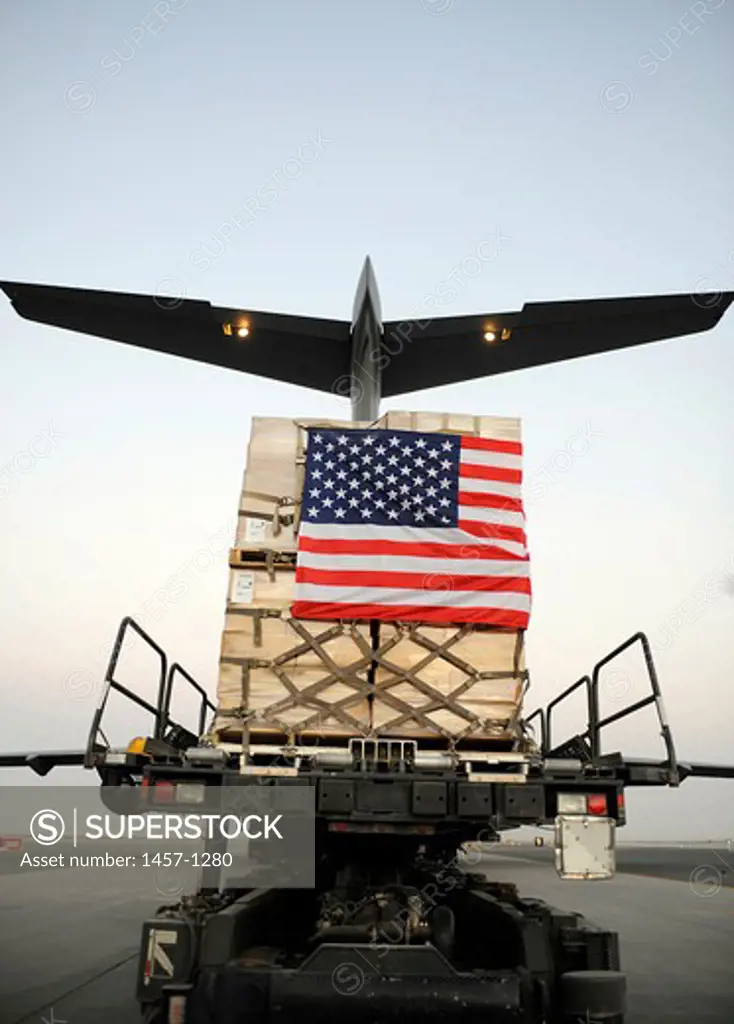A pallet containing humanitarian relief supplies to Pakistan loaded into the cargo bay of a C-17 Globemaster III, Southwest Asia