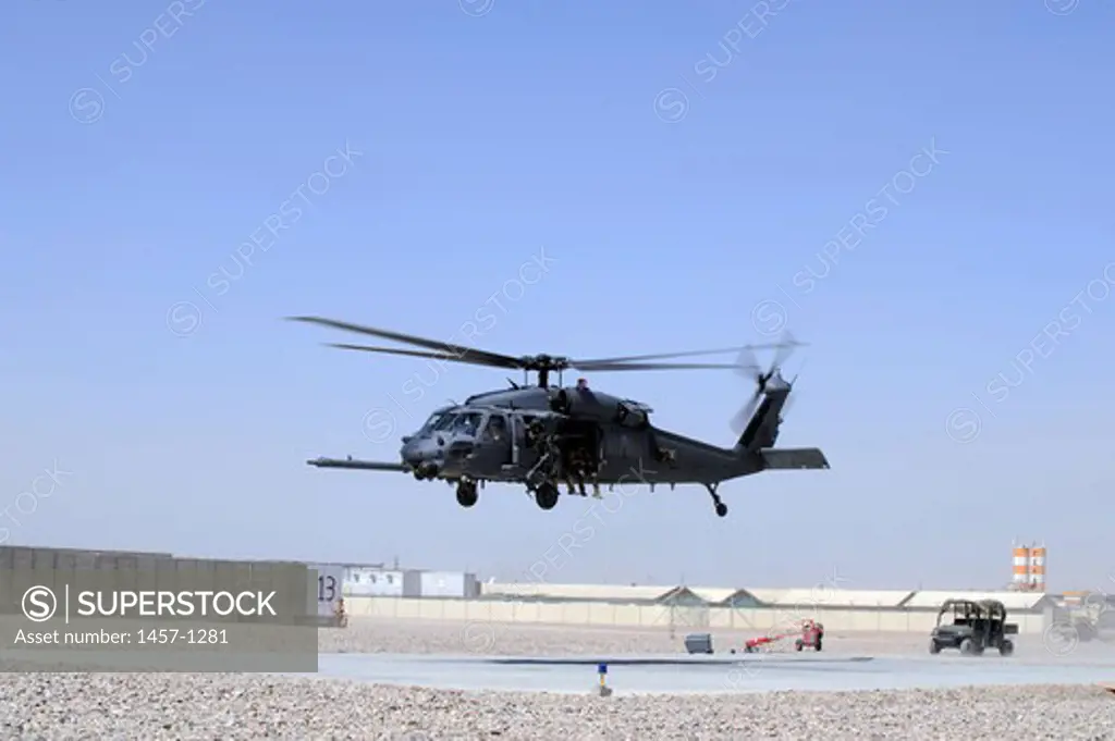 An HH-60G Pave Hawk takes off from Camp Bastion, Afghanistan