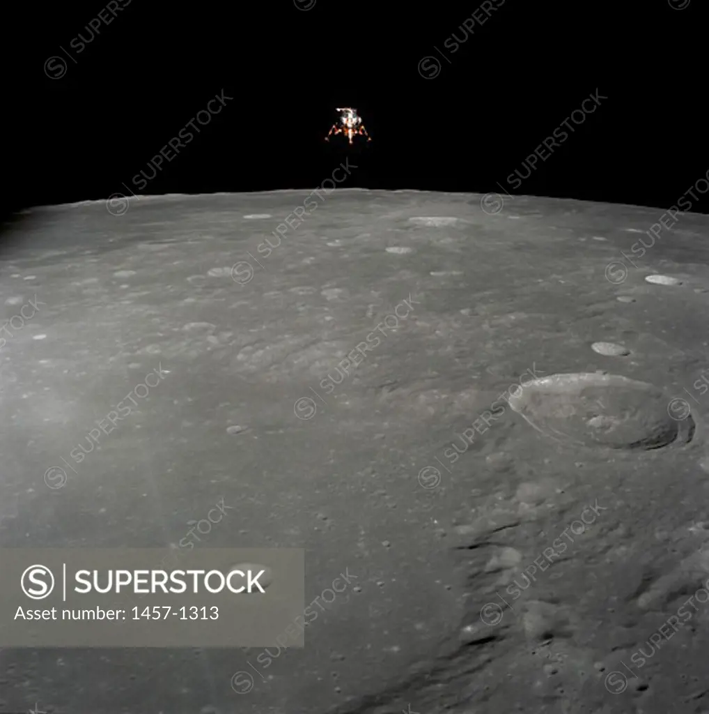 The Apollo 12 lunar module Intrepid is set in a lunar landing configuration