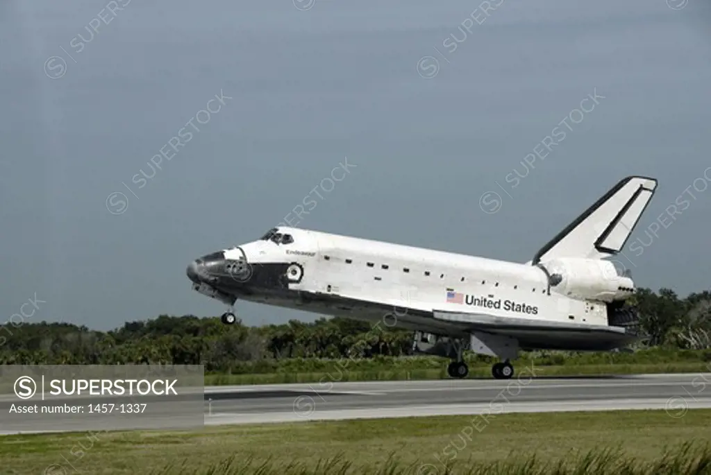 Space Shuttle Endeavour approaches landing, NASA's Kennedy Space Center, Florida, USA