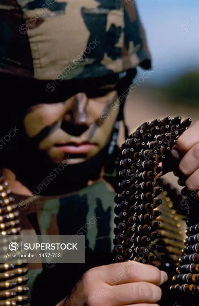 Close-up of a soldier holding ammunition, Fort Huachuca, Arizona, USA