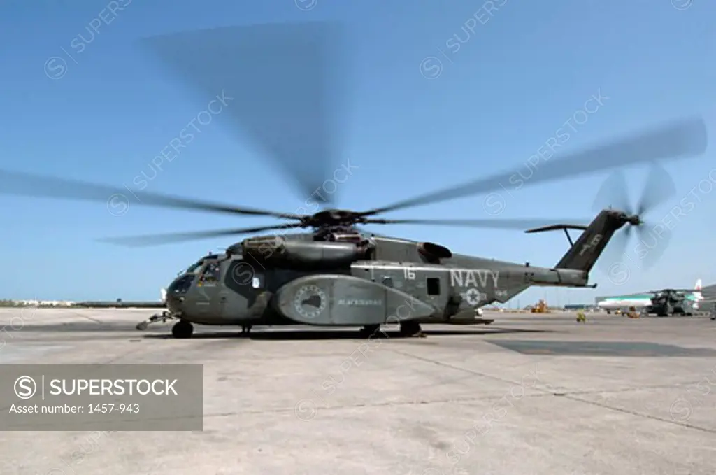 MH-53E Sea Dragon Helicopter preparing to launch from a flight line