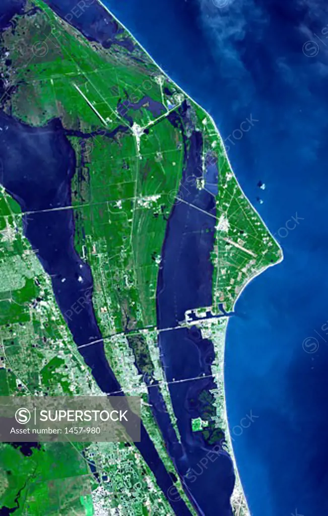Satellite view of a spaceport, NASA Kennedy Space Center, Cape Canaveral, Florida, USA