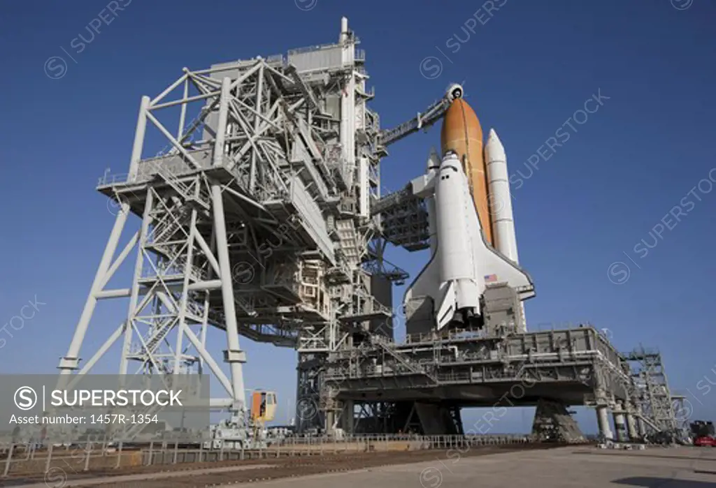 Space shuttle Endeavour atop a mobile launcher platform at Kennedy Space Center.