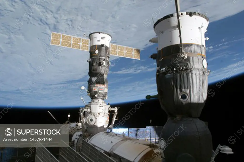Russian Soyuz and Progress spacecrafts docked to the International Space Station.