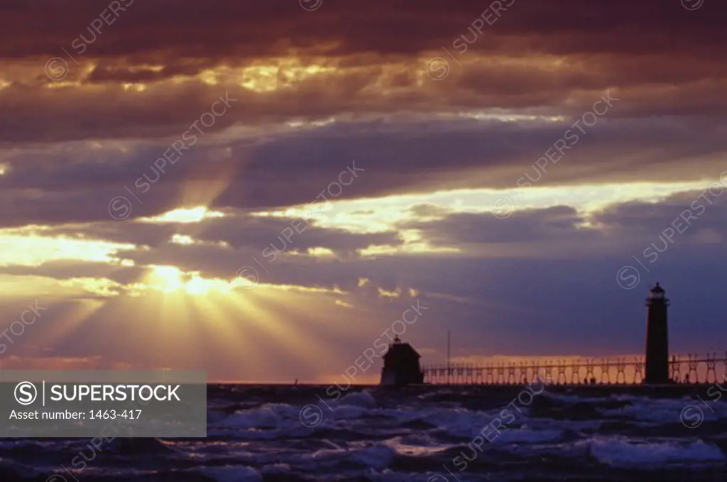 Silhouette of a lighthouse, Grand Haven South Pierhead Lighthouse, Grand Haven, Michigan, USA