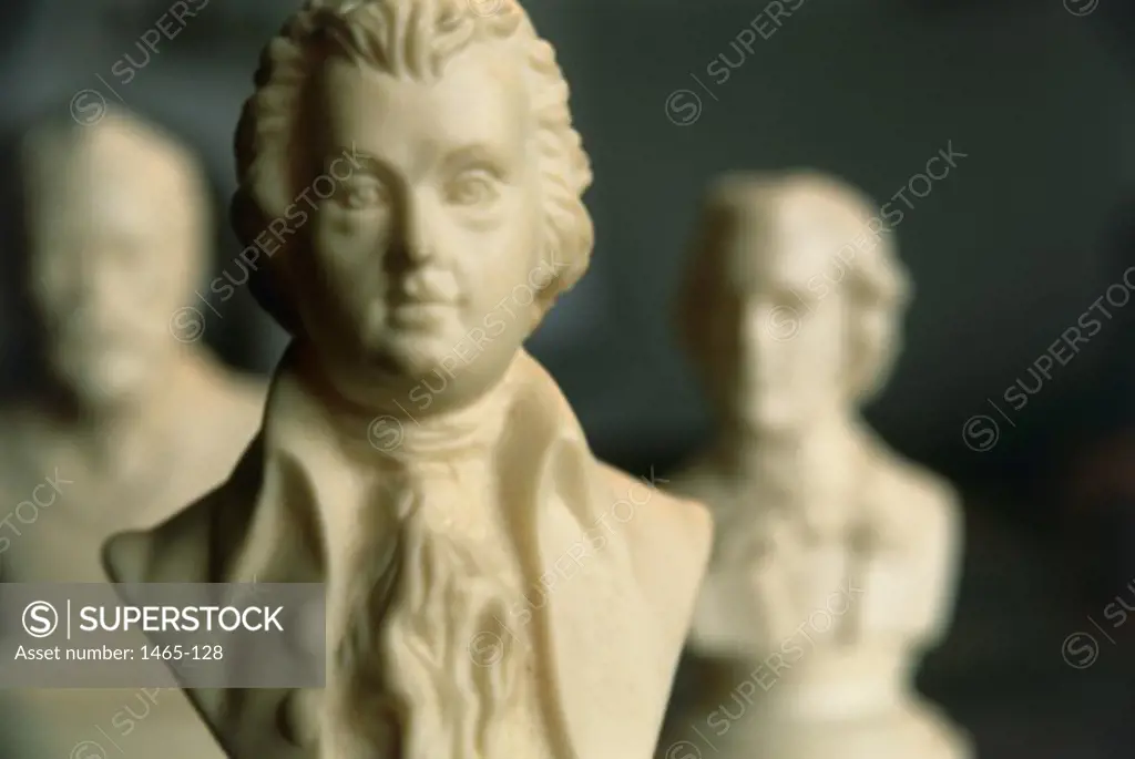 Close-up of busts of Mozart, Tchaikovsky and Mendelssohn