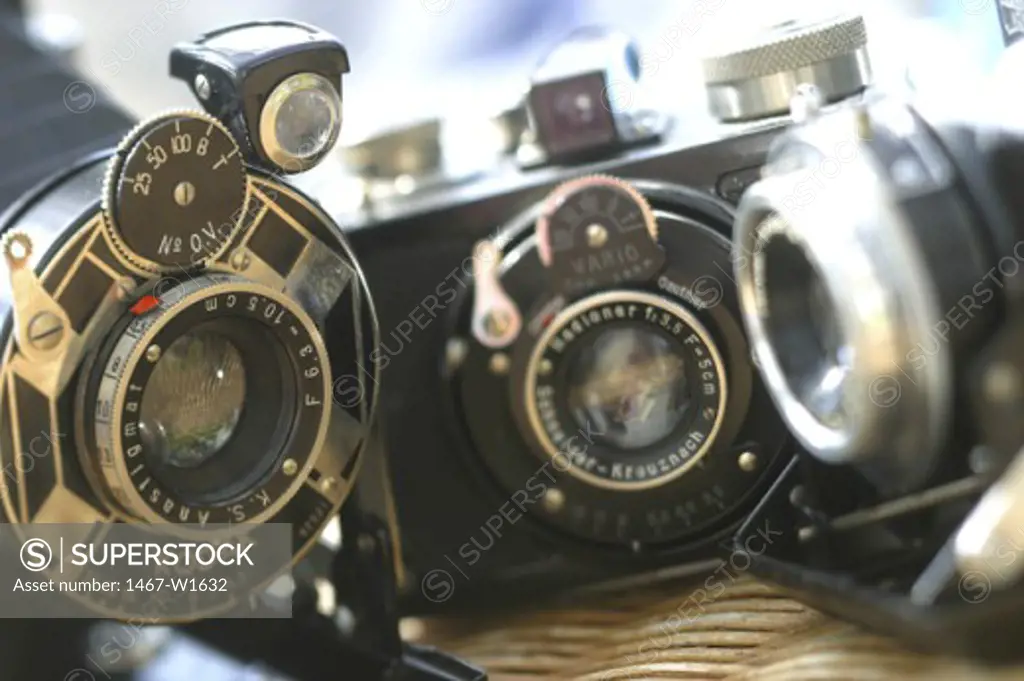 Close-up of antique cameras