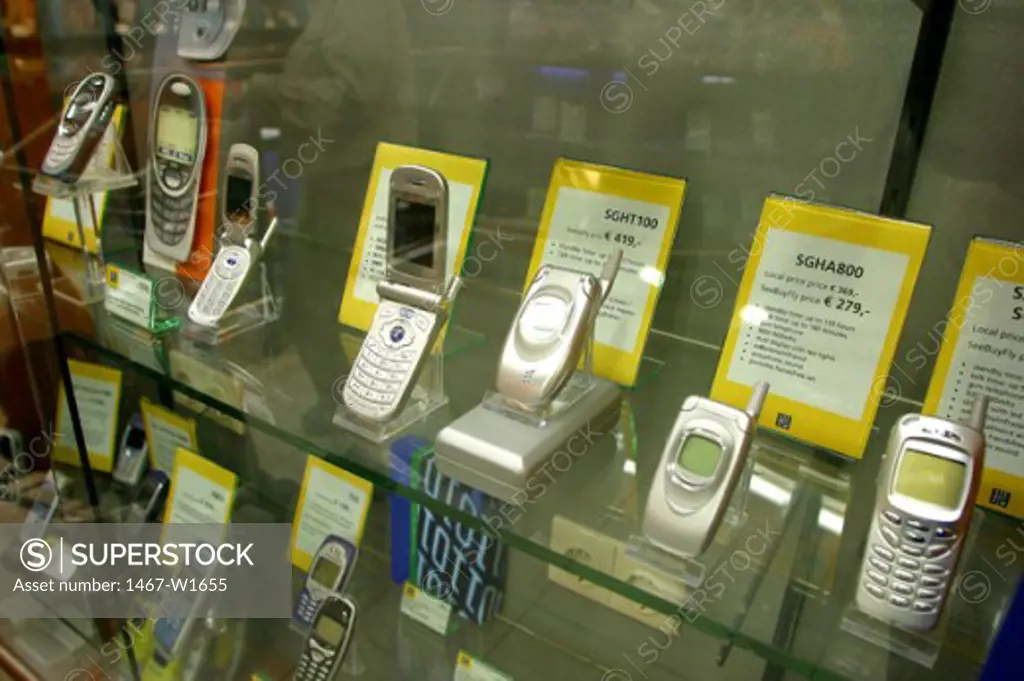 Close-up of mobile phones in a store